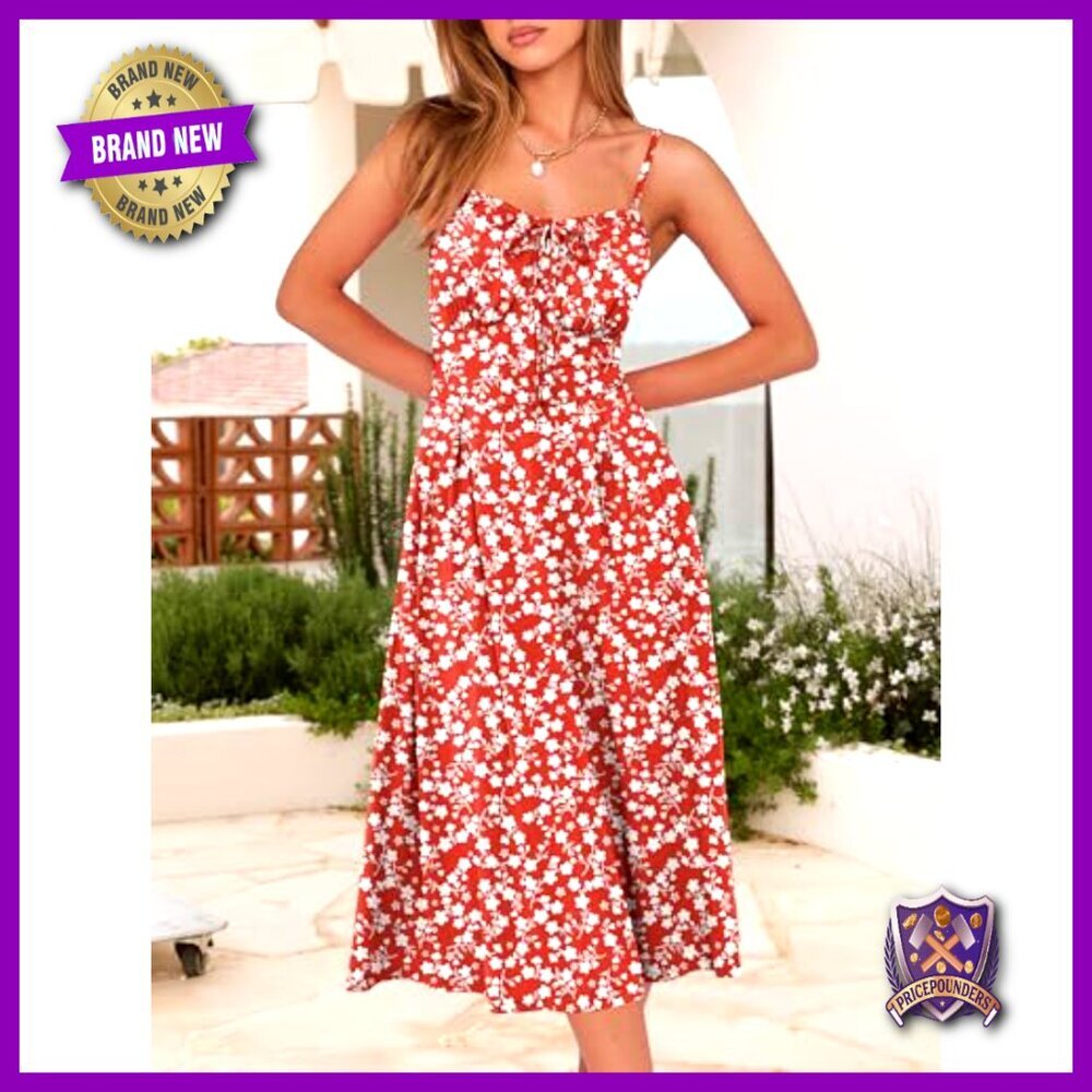 Floral Corset Spaghetti Strap Milkmaid Midi Sundress Elegant Wedding Guest - Picture 3 of 7